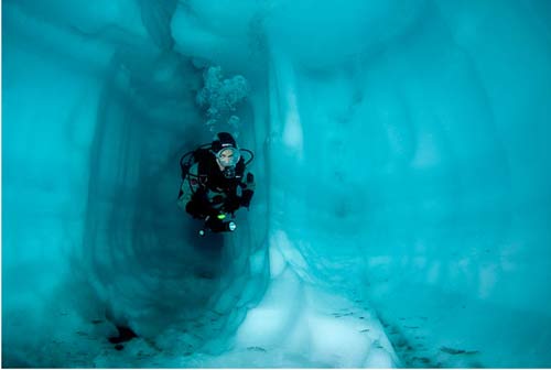 تصاویر شگفت انگیز از شنا زیر آب های دریاچه یخی